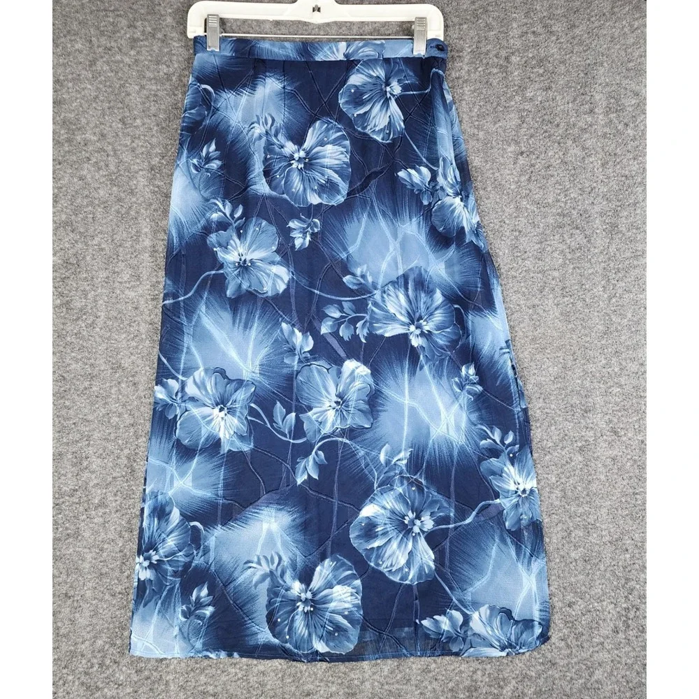 Sag Harbor Maxi Skirt Womens 6P Blue Floral Rhinestone Textured‎ Chiffon Lined